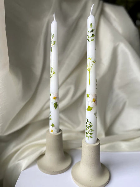 Green and White Floral Hand Painted Candles